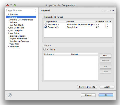 Android application creation dialog