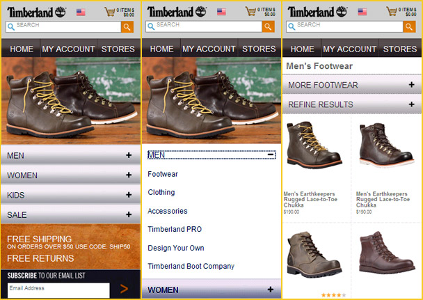 Image shows; Timberland m-commerce site accordion menu