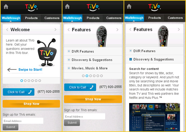 Image shows: Tivo’s mobile site with slider and accordion menu