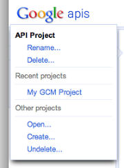 Google APIs console project menu