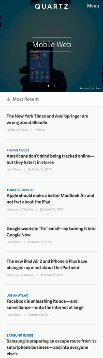 Image shows: Quartz from Atlantic Media is a news service for businessmen. Designed first and foremost for mobile devices, it was the first ton introduce the infinite scroll format.
