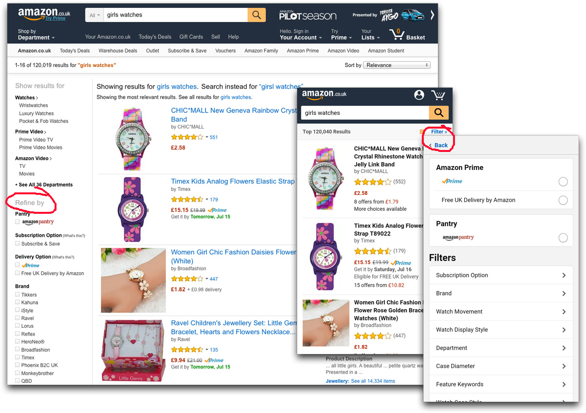 Amazon product filter, desktop and high tier mobile