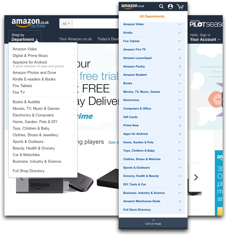Amazon navigation differences on different devices