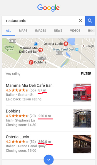 Google search with results sorted by distance